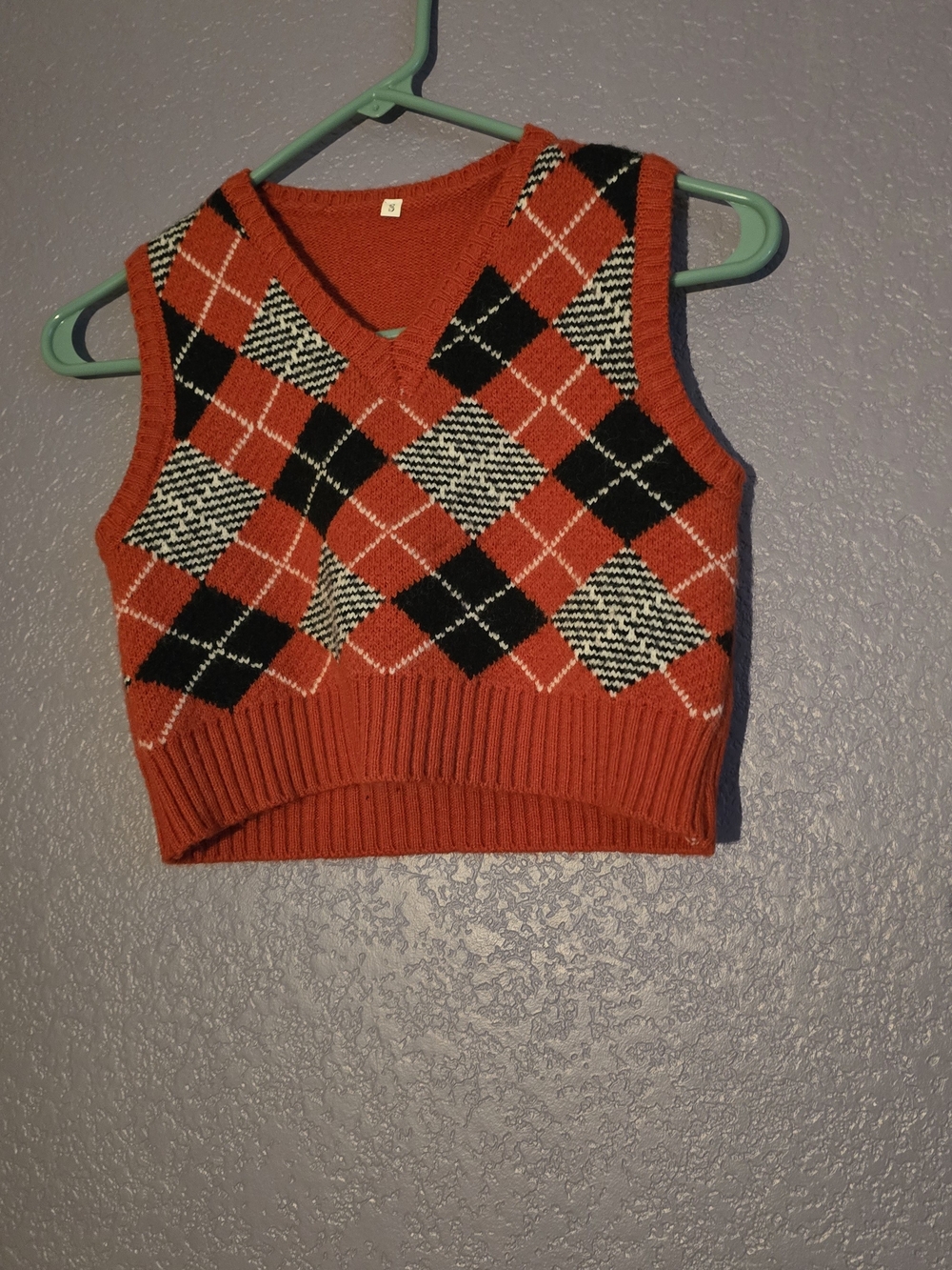 SHEIN Rust Orange Argyle V-Neck Sweater Vest